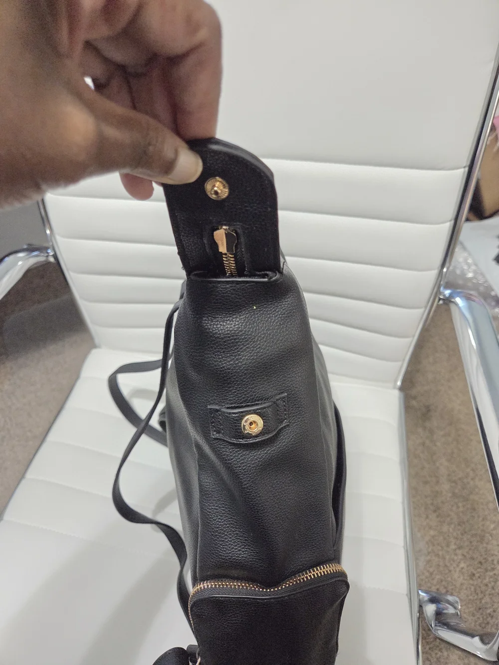 A New Day Black Faux Leather Zip Closure Backpack Purse Gold Hardware